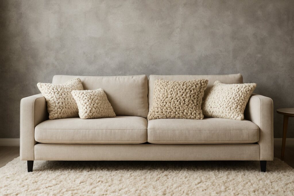 Sala decorada com diferentes texturas criando ambiente aconchegante e sofisticado